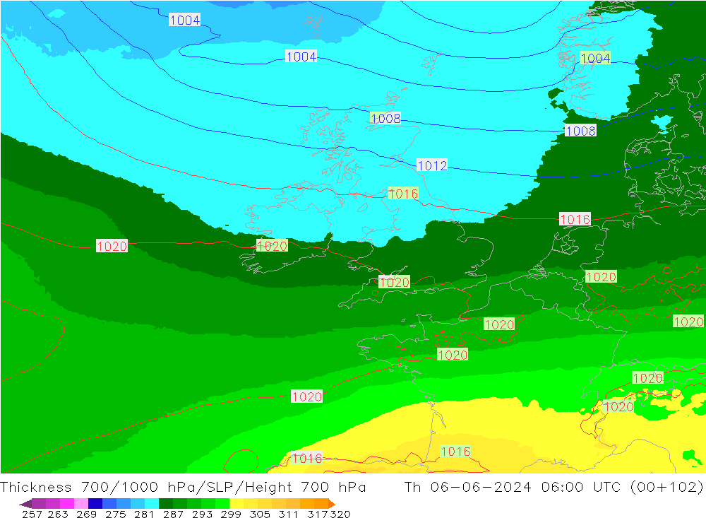 Thck 700-1000 hPa UK-Global czw. 06.06.2024 06 UTC