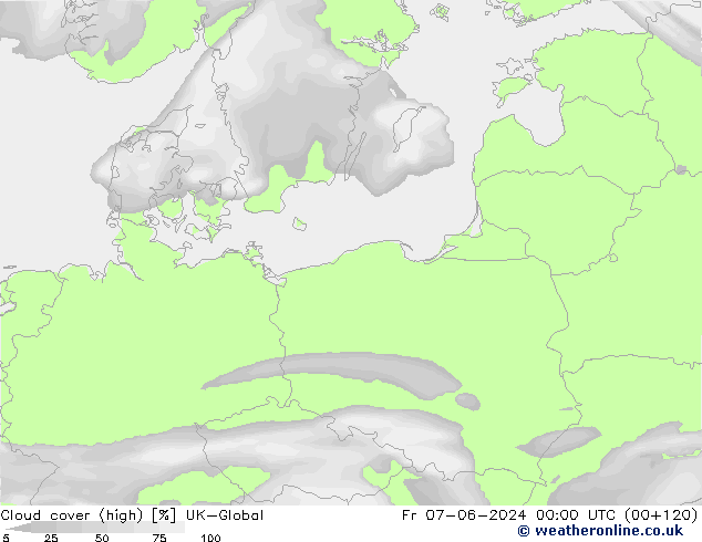 Cloud cover (high) UK-Global Fr 07.06.2024 00 UTC
