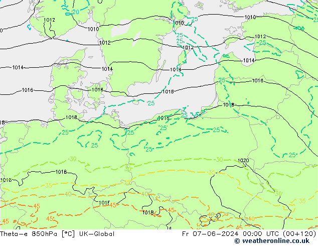 Theta-e 850hPa UK-Global Fr 07.06.2024 00 UTC
