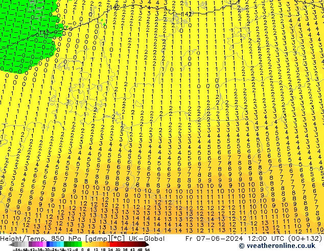 Height/Temp. 850 hPa UK-Global Fr 07.06.2024 12 UTC