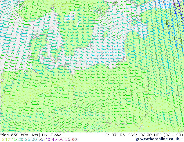 Wind 850 hPa UK-Global Fr 07.06.2024 00 UTC