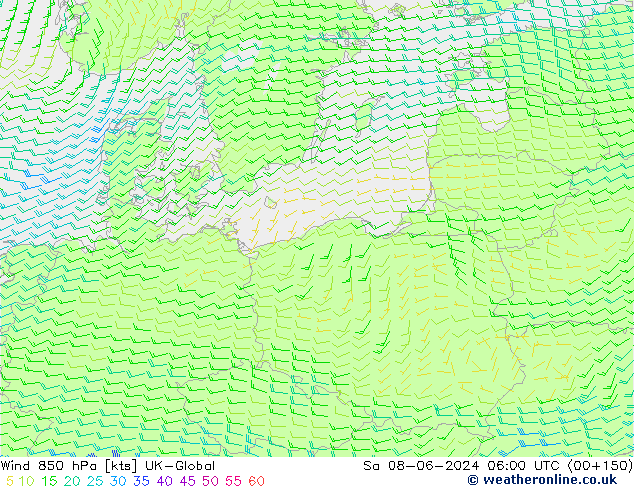 Vento 850 hPa UK-Global Sáb 08.06.2024 06 UTC