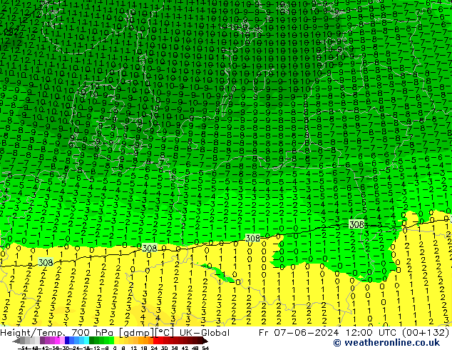 Hoogte/Temp. 700 hPa UK-Global vr 07.06.2024 12 UTC