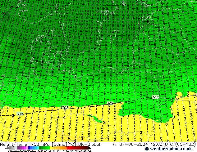 Yükseklik/Sıc. 700 hPa UK-Global Cu 07.06.2024 12 UTC