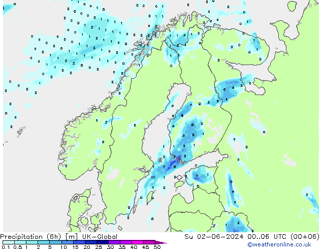 降水量 (6h) UK-Global 星期日 02.06.2024 06 UTC
