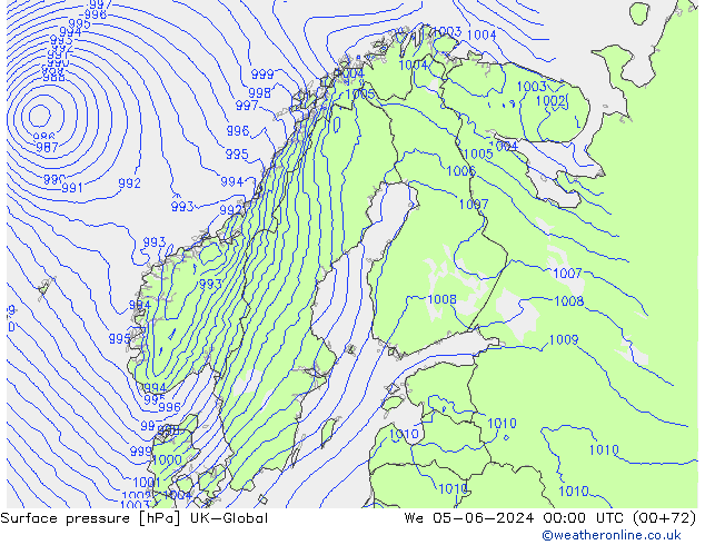 Atmosférický tlak UK-Global St 05.06.2024 00 UTC