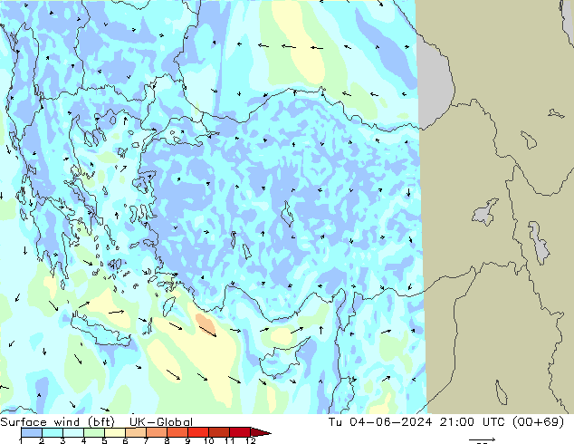 Surface wind (bft) UK-Global Tu 04.06.2024 21 UTC