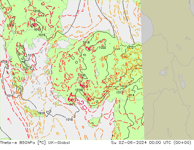 Theta-e 850hPa UK-Global Su 02.06.2024 00 UTC