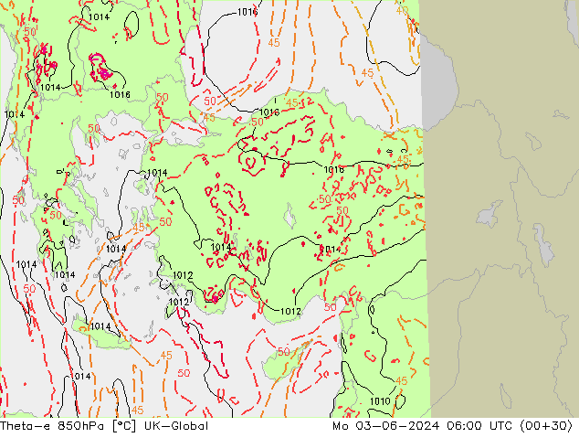 Theta-e 850hPa UK-Global Mo 03.06.2024 06 UTC