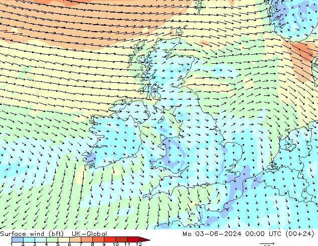 Rüzgar 10 m (bft) UK-Global Pzt 03.06.2024 00 UTC