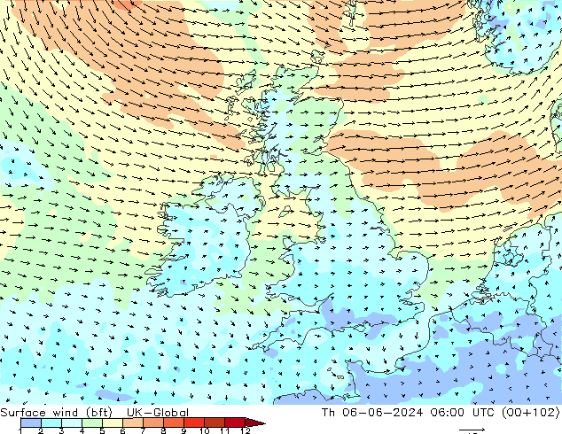 Surface wind (bft) UK-Global Čt 06.06.2024 06 UTC