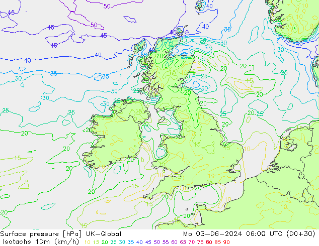 Izotacha (km/godz) UK-Global pon. 03.06.2024 06 UTC