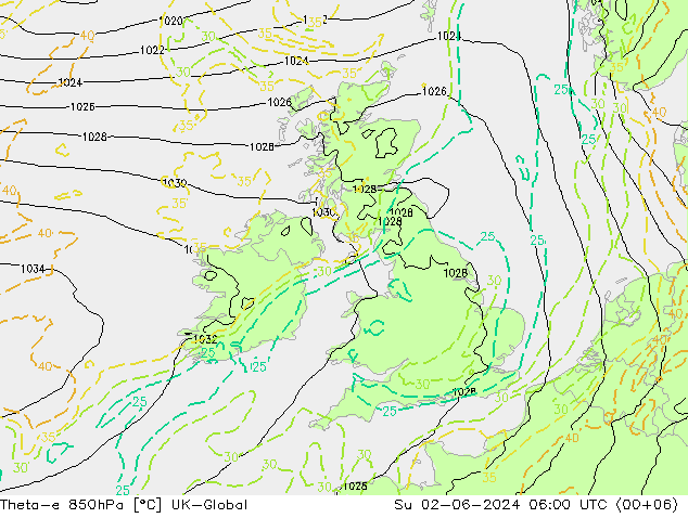 Theta-e 850hPa UK-Global Su 02.06.2024 06 UTC