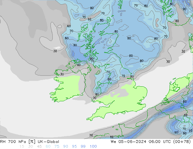 RH 700 hPa UK-Global St 05.06.2024 06 UTC