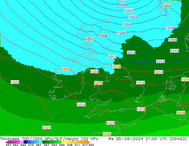 Thck 700-1000 hPa UK-Global We 05.06.2024 21 UTC