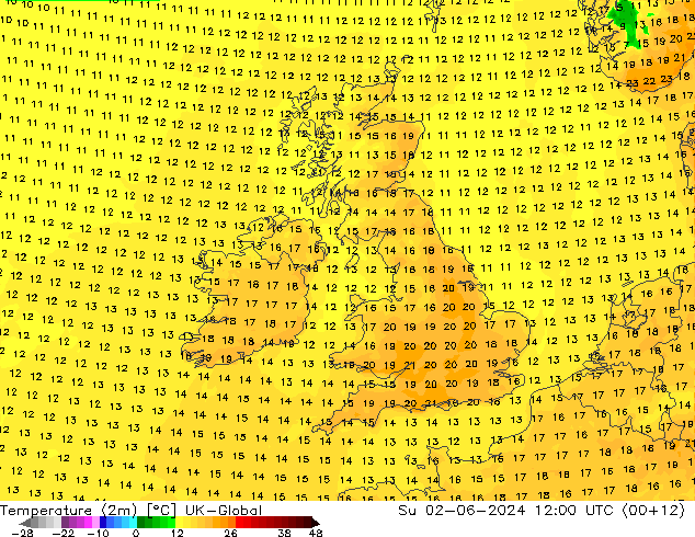 Temperatuurkaart (2m) UK-Global zo 02.06.2024 12 UTC