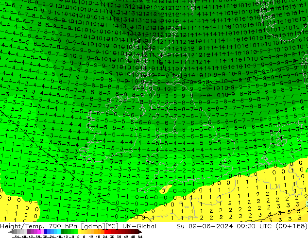 Height/Temp. 700 hPa UK-Global dom 09.06.2024 00 UTC