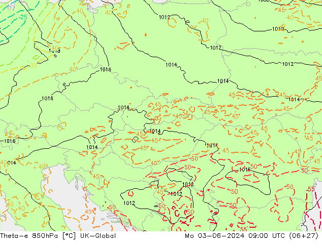 Theta-e 850hPa UK-Global Po 03.06.2024 09 UTC