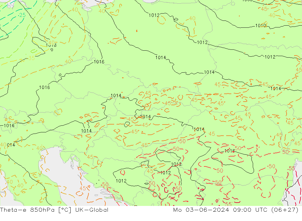 Theta-e 850hPa UK-Global lun 03.06.2024 09 UTC