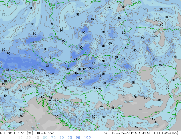 RH 850 hPa UK-Global Su 02.06.2024 09 UTC