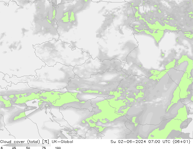 Bewolking (Totaal) UK-Global zo 02.06.2024 07 UTC