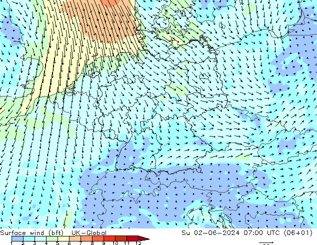 Vent 10 m (bft) UK-Global dim 02.06.2024 07 UTC