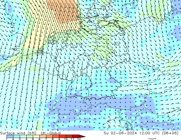 Surface wind (bft) UK-Global Su 02.06.2024 12 UTC