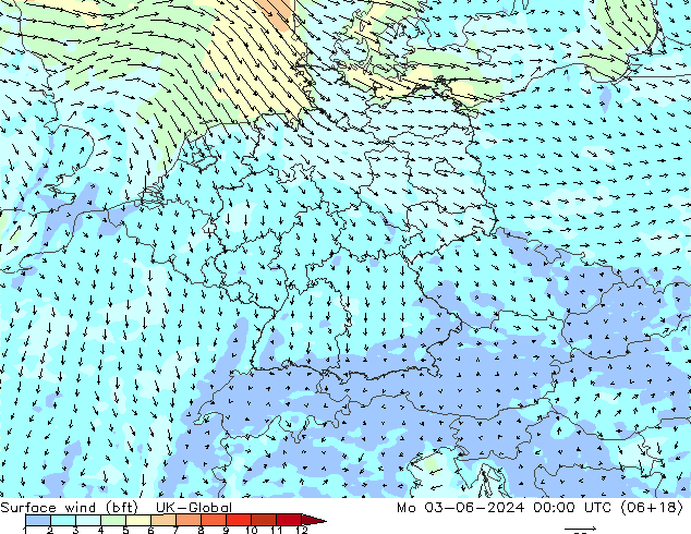 wiatr 10 m (bft) UK-Global pon. 03.06.2024 00 UTC