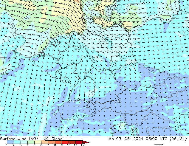 Bodenwind (bft) UK-Global Mo 03.06.2024 03 UTC