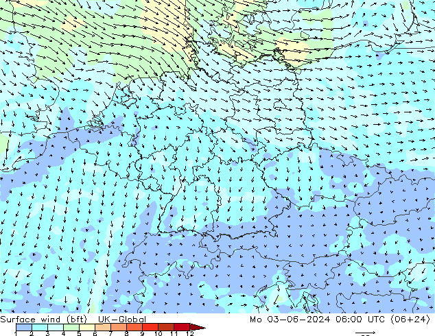 Surface wind (bft) UK-Global Po 03.06.2024 06 UTC
