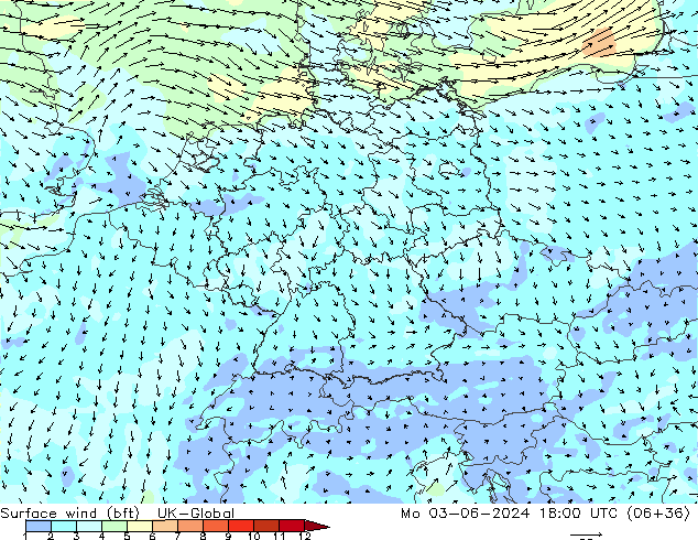 Wind 10 m (bft) UK-Global ma 03.06.2024 18 UTC