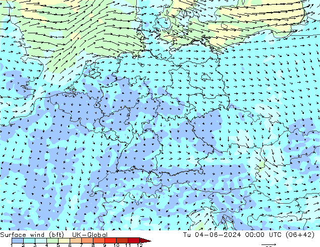 wiatr 10 m (bft) UK-Global wto. 04.06.2024 00 UTC