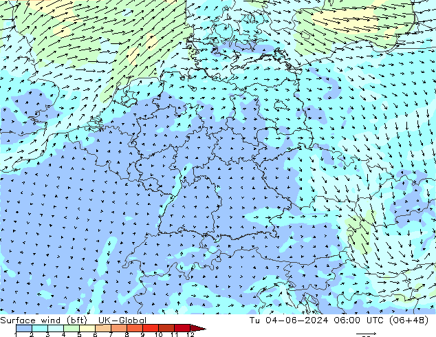 Viento 10 m (bft) UK-Global mar 04.06.2024 06 UTC