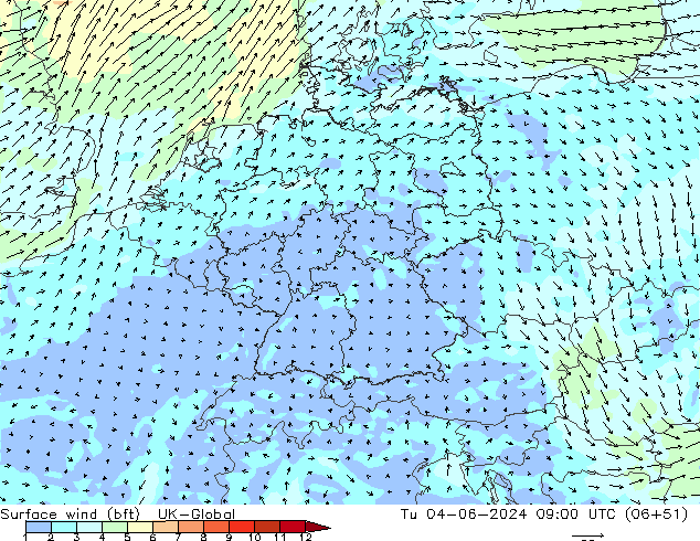 Surface wind (bft) UK-Global Tu 04.06.2024 09 UTC