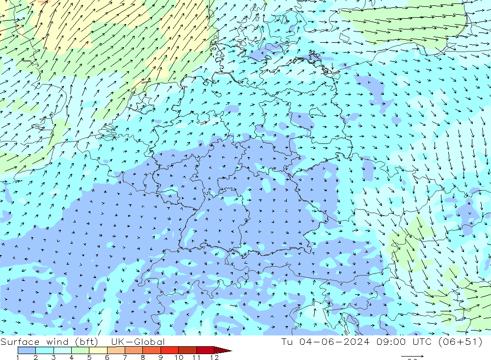 Vento 10 m (bft) UK-Global mar 04.06.2024 09 UTC