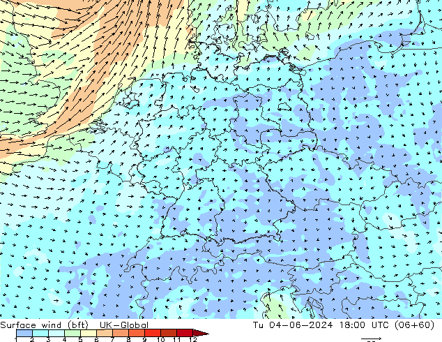 Wind 10 m (bft) UK-Global di 04.06.2024 18 UTC