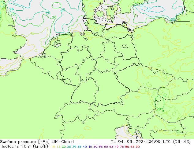 Isotachen (km/h) UK-Global Di 04.06.2024 06 UTC