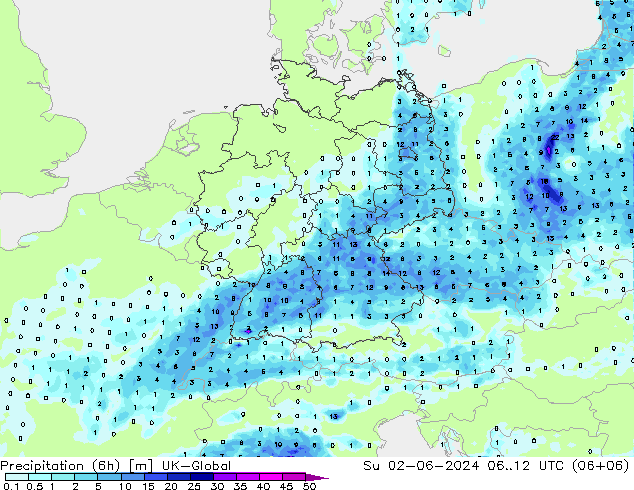 降水量 (6h) UK-Global 星期日 02.06.2024 12 UTC