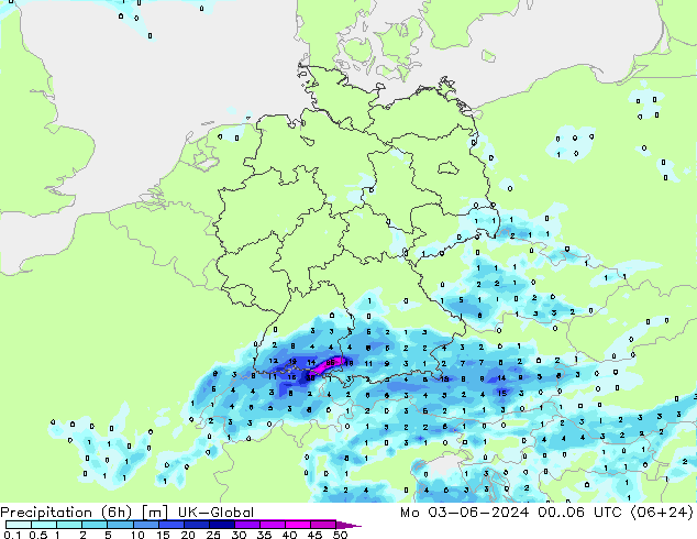 Totale neerslag (6h) UK-Global ma 03.06.2024 06 UTC