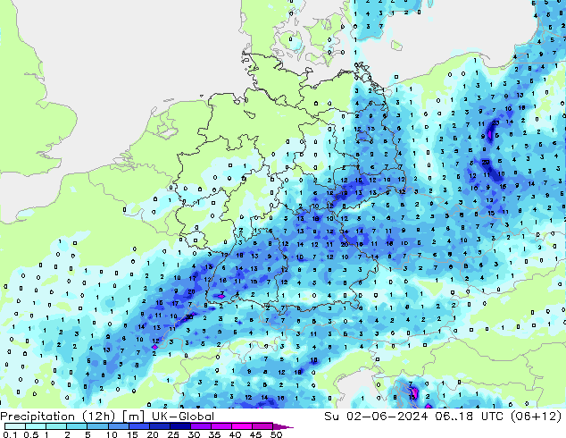 Precipitazione (12h) UK-Global dom 02.06.2024 18 UTC