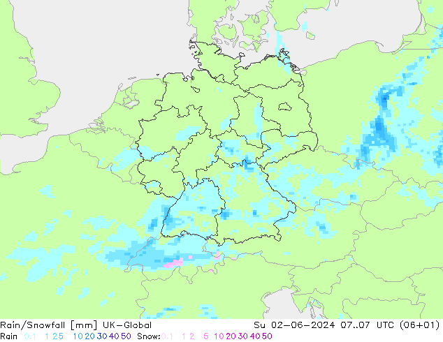 Regen/Sneeuwval UK-Global zo 02.06.2024 07 UTC