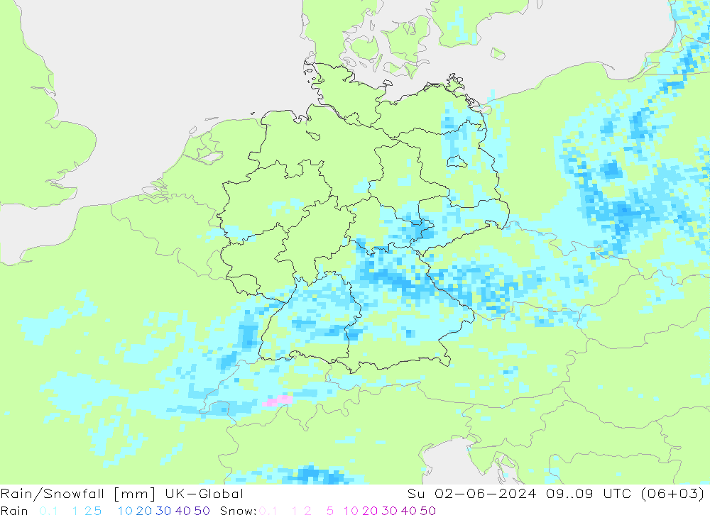 Rain/Snowfall UK-Global dom 02.06.2024 09 UTC