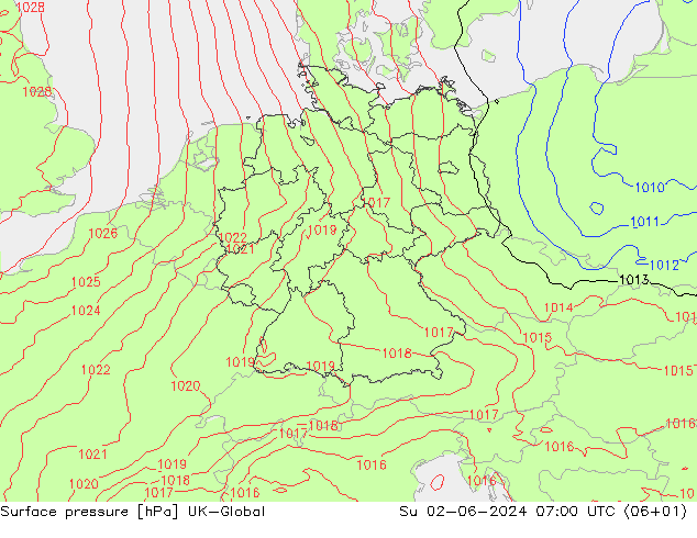Surface pressure UK-Global Su 02.06.2024 07 UTC