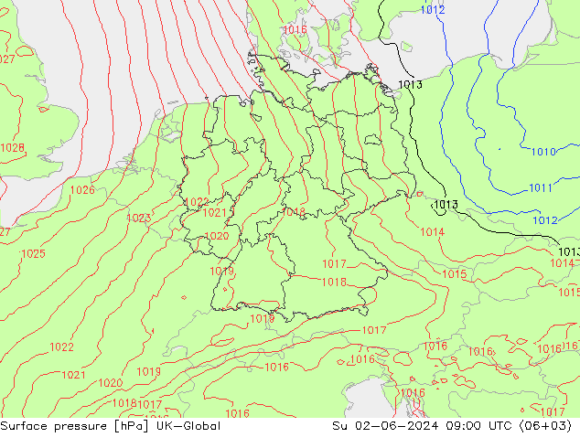 Presión superficial UK-Global dom 02.06.2024 09 UTC