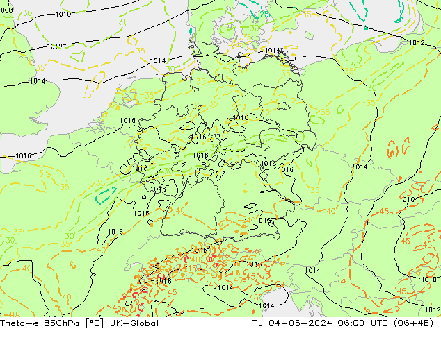 Theta-e 850hPa UK-Global Di 04.06.2024 06 UTC