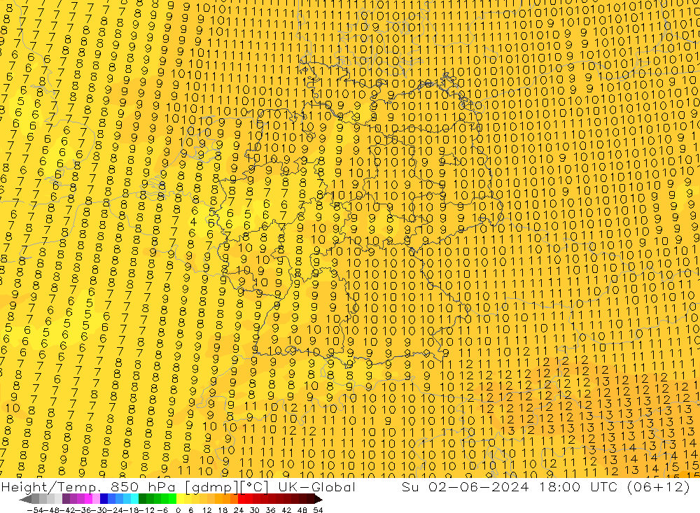 Height/Temp. 850 hPa UK-Global So 02.06.2024 18 UTC