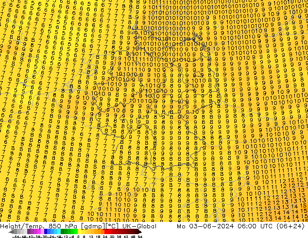 Hoogte/Temp. 850 hPa UK-Global ma 03.06.2024 06 UTC