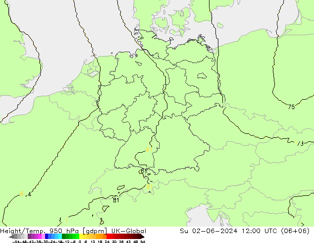 Height/Temp. 950 hPa UK-Global So 02.06.2024 12 UTC