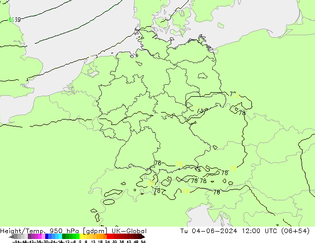 Height/Temp. 950 hPa UK-Global Ter 04.06.2024 12 UTC