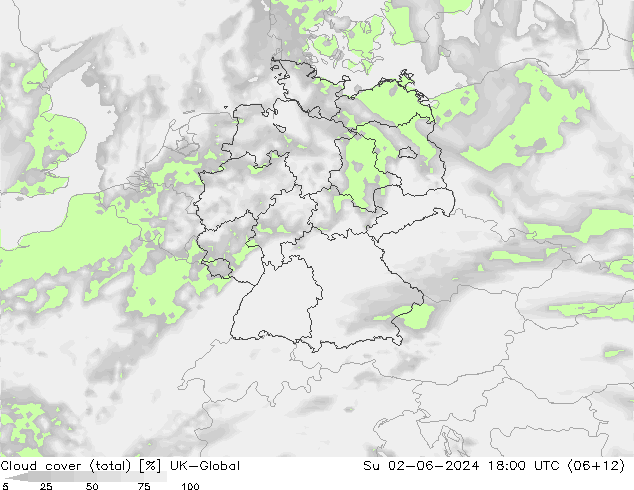 Cloud cover (total) UK-Global Su 02.06.2024 18 UTC